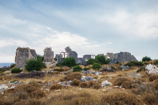 Ruins of church in ancient city Korikos, Kızkalesi, Turkey. City was important port of medieval Kingdom of Cilicia, abandoned after series of wars.
