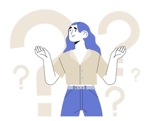 Thoughtful character with question marks solving problems or searching solutions. Problem solving and choice. Woman puzzled and do not know right answer. Frequently asked questions concept.