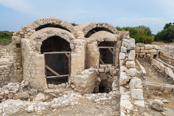 Ruins of religious buildings in ancient city Elaiussa Sebaste, near Kızkalesi, Turkey. City was port, founded by Romans. Abandoned in early medieval