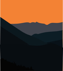 vector landscape of mountain with orange sky and sunset