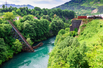 Replica of a railway bridge destroyed during the Neretva battle in 1943, Jablanica, Bosnia and...