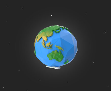 Low poly planet earth cartoon 3d render globe with black space and star, showing asia and australia