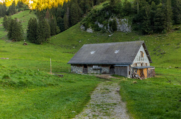 The path leading to the Sämtisersee lake covered in fog early in the morning amond old wooden stables and cottages in Appenzell