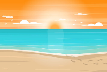Fototapeta na wymiar Cartoon Sandy Beach, Sea and Sky Card. Vector