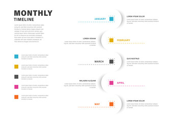 Rounded infographic timeline layout with colored squares, 5 options business template