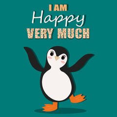 Cute vector Happy Penguin. Perfect for greeting cards, party invitations, posters, stickers, pin, scrapbooking, icons. Vector illustration.
