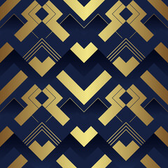 Abstract art deco seamless blue and golden pattern