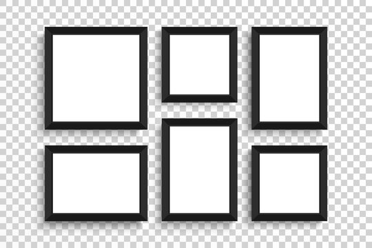 Black vector frames. Flat lay of black frame. Frame mockup template on isolated transparent background. Black and white. Vector illustration