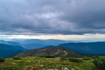 blooming green meadow with yellow white flowers in the blue Baikal mountains .ridge, clouds