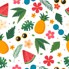 Summer pattern with fruits, leaves and flowers. illustration in flat style
