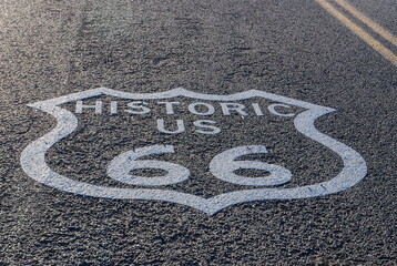 Historic US 66 sign on Route 66 in California, USA. August 7, 2007.