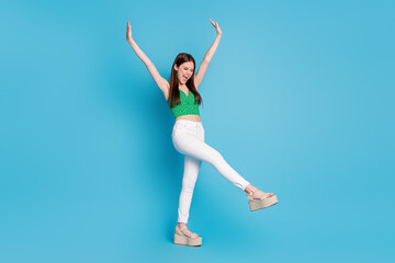 Fototapeta na wymiar full length photo of crazy candid girl scream raise hands enjoy free time holiday wear good look clothes isolated over blue color background