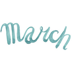 word may,march,august,april,january,june written in blue watercolor paint on white background,watercolor illustration
