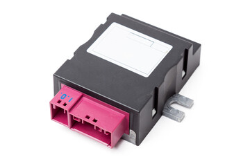 A spare part for a plastic car engine control unit in black with red elements on a white isolated background is a connecting center of subsystems, components and assemblies. Electronic ignition unit