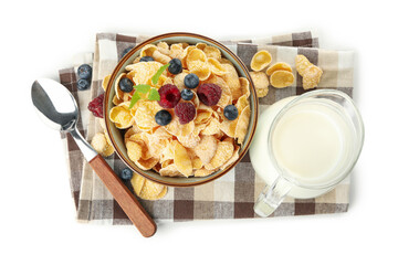 Napkin with milk, muesli and spoon isolated on white background