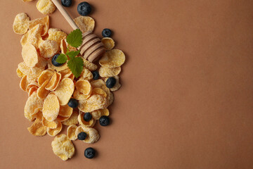 Fototapeta na wymiar Muesli, blueberry, dipper and mint on brown background