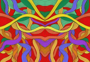 Colorful abstract symmetrical psychedelic pattern with intricate bright lines.
