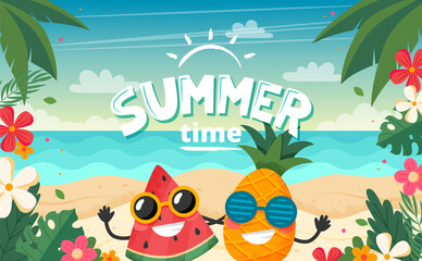 Summer time card with fruits character, beach landscape, lettering and floral frame. illustration in flat style