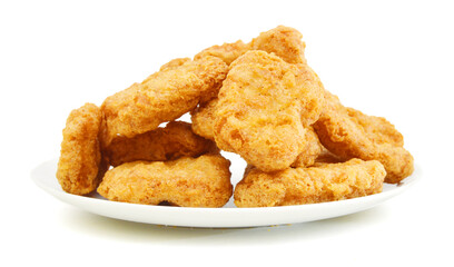 Fried chicken nuggets isolated in white plate on white