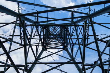 View onto high voltage transmission line pole from its bottom