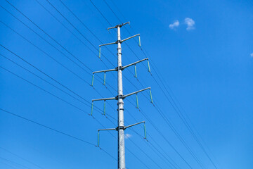High voltage power tower, wires, transformers & other elements of its structure