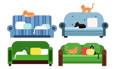 Fototapeta na wymiar Cats Sitting and Sleeping on Soft Sofas Vector Set
