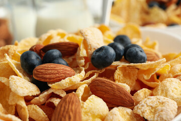 Tasty muesli, blueberry and almond, close up