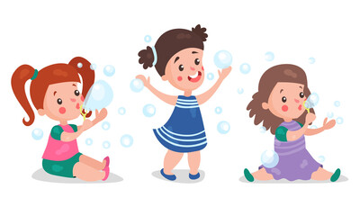 Cute Girls Playing with Soap Bubbles Vector Illustration Set