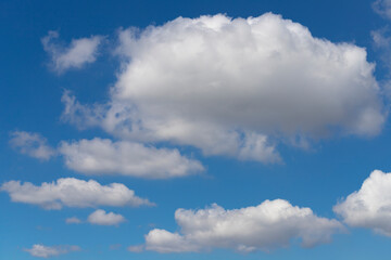 Naklejka na ściany i meble Fluffy white cloud formation in a beautiful blue sky