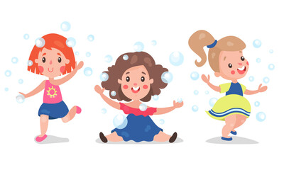 Cute Girls Playing with Soap Bubbles Vector Illustration Set