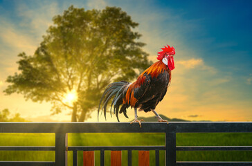one rooster on house fence in the morning © lamyai