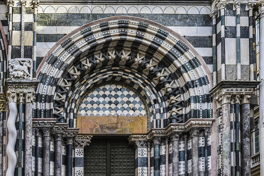 Fragment of Cattedrale di San Lorenzo (Cathedral of Saint Lawrence, 1118) in Genoa, Italy. Cathedral dedicated to Saint Lawrence (San Lorenzo) and is seat of Archbishop of Genoa.