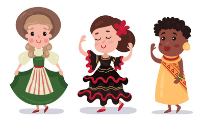 Children Wearing National Costumes of Different Countries Vector Illustration Set