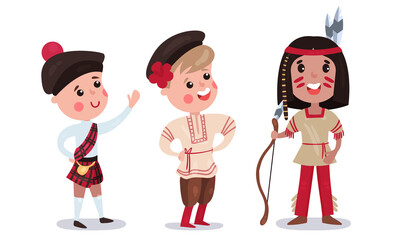 Children Wearing National Costumes of Different Countries Vector Illustration Set