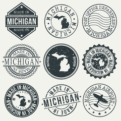 Michigan Set of Stamps. Travel Stamp. Made In Product. Design Seals Old Style Insignia.