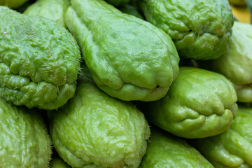 Fototapeta premium Green chayote pile closeup photo. Ripe vegetable on market. Tropical vegetable from south Asia or latin America.