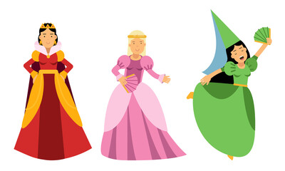 Obraz na płótnie Canvas Medieval People Characters with Queen and Gentlewoman Vector Illustration Set