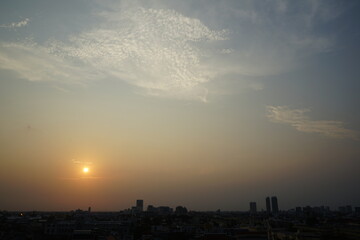 sunset over in Bangkok Thailand or view top of Wat Saket Temple