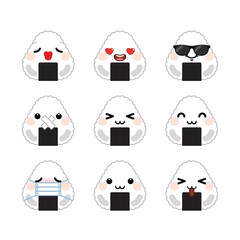 Set of Kawaii onigiri emoji set isolated on white background. Vector illustration.