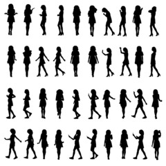 Many full body silhouettes of young woman in dress walking talking using phone or running. Side view and front. Layered vector illustration. 