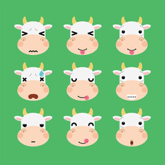 Set of cute cartoon cow emoji set isolated on white background. Vector Illustration.