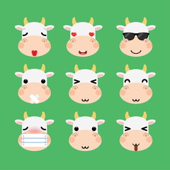 Set of cute cartoon cow emoji set isolated on white background. Vector Illustration.