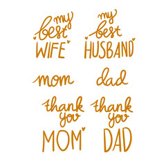 hand-lettering text thanks mom and dad, my best wie and husband vector illustration. - obrazy, fototapety, plakaty