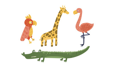 African Animals with Toothy Crocodile and Spotted Giraffe Vector Illustration Set