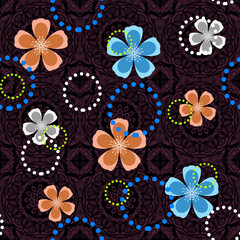 Fototapeta premium Seamless pattern with bright flowers and circles