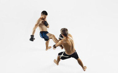 Fototapeta na wymiar Two professional MMA fighters boxing isolated on white studio background. Top view of couple of muscular athletes. Sport, healthy lifestyle, competition, dynamic and motion, action concept. Copyspace.