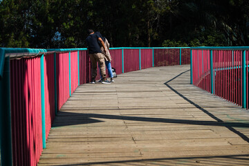 wooden bridge with pink and green tosca borders