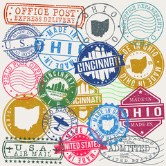 Cincinnati Ohio Set of Stamps. Travel Stamp. Made In Product. Design Seals Old Style Insignia.