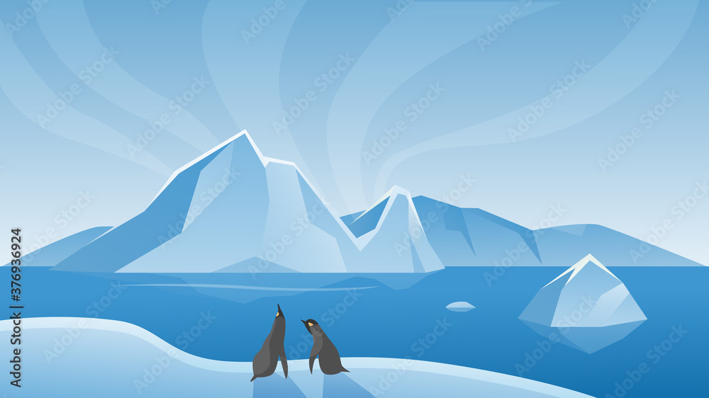 Wall mural arctic antarctic landscape vector illustration. cartoon marine life natural scene with iceberg, ice 