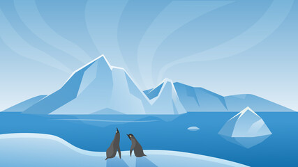 Arctic Antarctic landscape vector illustration. Cartoon marine life natural scene with iceberg, ice glacier and penguins standing next to blue sea or ocean water, scenic northern icy nature background
